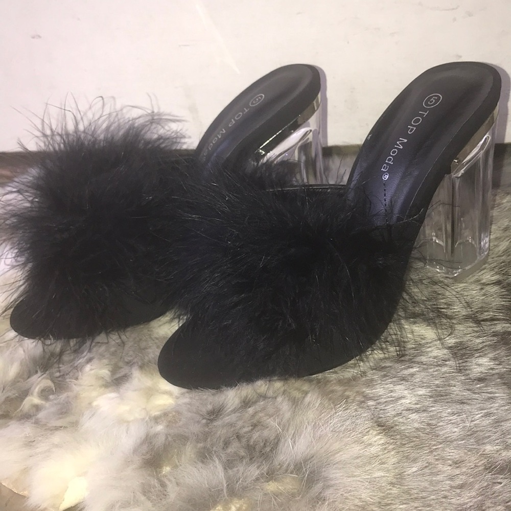 Furry slip on heels never been worn